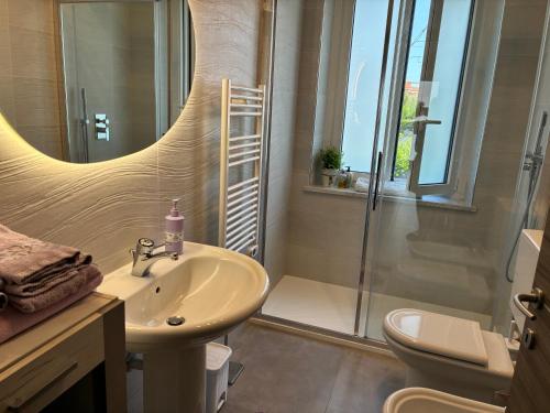 a bathroom with a sink and a shower at Villa Fiorita in San Maurizio Canavese