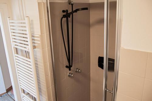 a shower with a glass door in a bathroom at Casa Accogliente con Vista Lago in Viverone