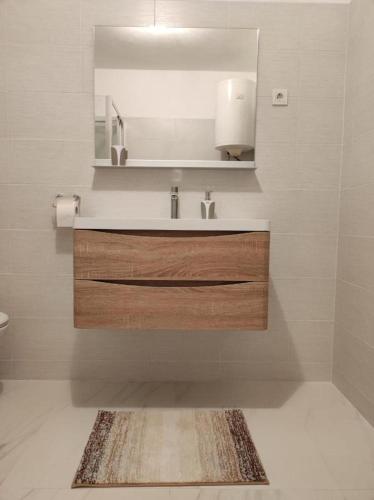 a bathroom with a sink and a mirror and a rug at Apartment Duje Dazlina in Dazlina