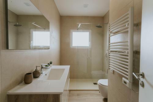a bathroom with a sink and a toilet and a mirror at Best Houses 70 - Green Holidays in Serra de El-Rei