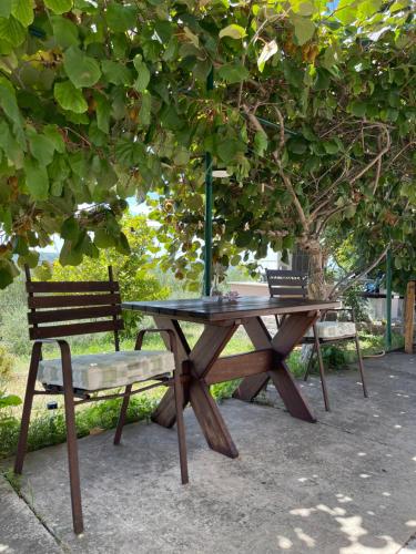 a picnic table and a bench under a tree at 4 Roses Residence in Sečovlje
