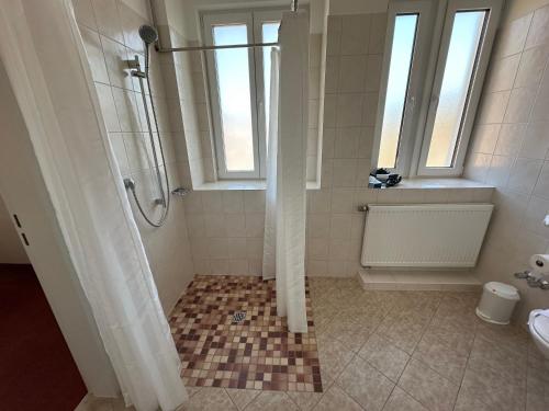 a bathroom with a shower and a tiled floor at GER-Haus in Waischenfeld