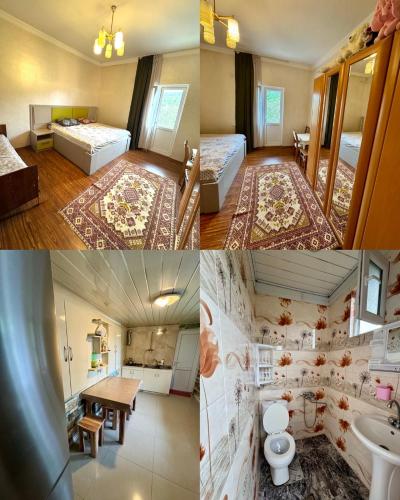 a collage of three pictures of a hotel room at Family House Shorety in Surami