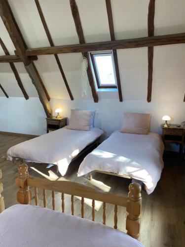 a room with two beds in a attic at Les Carillons du Bois de l'Orme in Les Pechs-du-Vers