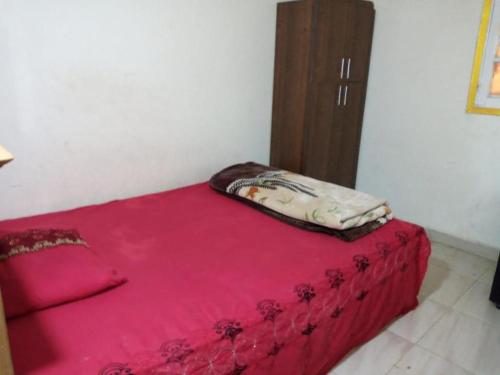 a bed in a room with a pink blanket on it at Mondy Pyramids Hotel in Cairo