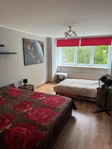 Un dormitorio con dos camas y una ventana en Grau Apartments 26, en Pärnu