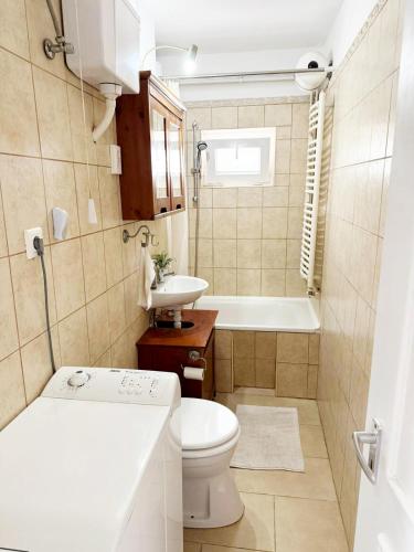 a bathroom with a toilet and a tub and a sink at Juicy Private Apartments with Jacuzzi in Szentendre