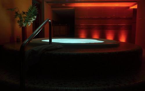 a hot tub in a room with a red curtain at Hotel Modřín in Pec pod Sněžkou