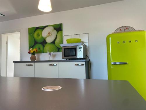 a kitchen with a microwave and a green refrigerator at Ferienhaus Haus Auenland in Nohfelden