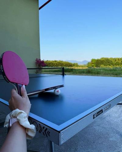 a person holding a tennis racket over a ping pong table at Casa David 13D in Nimăeşti