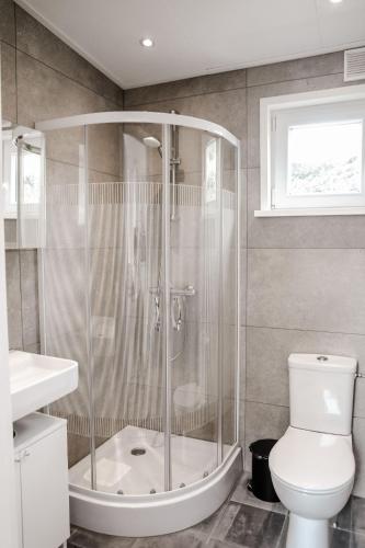 a bathroom with a shower and a toilet at Stijlvol Tiny House Zeeland - Centraal gelegen VP022 in Heinkensand