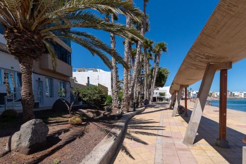 una acera bordeada de palmeras junto a un edificio en Home2Book Stylish Beachfront Escape, en Arinaga