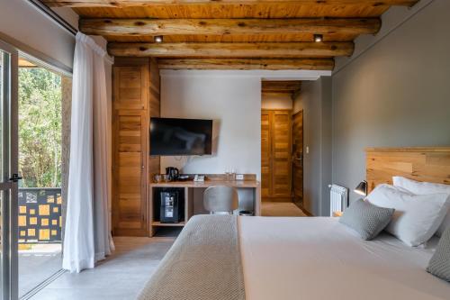 a bedroom with a large bed and a tv at Lares De Chacras in Chacras de Coria