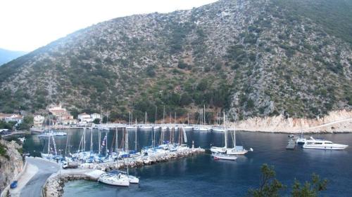 a bunch of boats are docked in a harbor at Hotel Nostos in Frikes