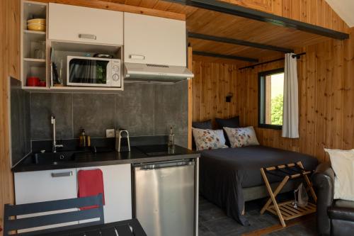 - une cuisine et une chambre dans une petite maison dans l'établissement Les Petits Ecrins - Chalets avec spas privatifs, à Aspres-lès-Corps