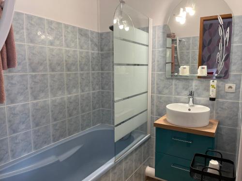 une salle de bain avec un lavabo et une douche dans l'établissement Logis hôtel Les Confins du perche, à Sceaux-sur-Huisne