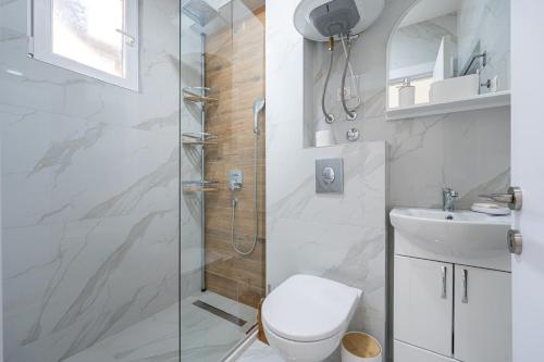a bathroom with a shower and a toilet and a sink at OliveRock Apartments - Hladna Uvala in Kruče