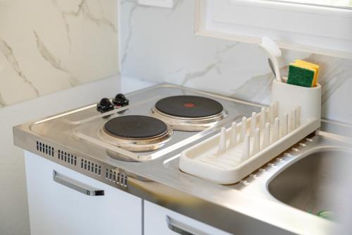 a kitchen counter with a stove and a sink at OliveRock Apartments - Hladna Uvala in Kruče