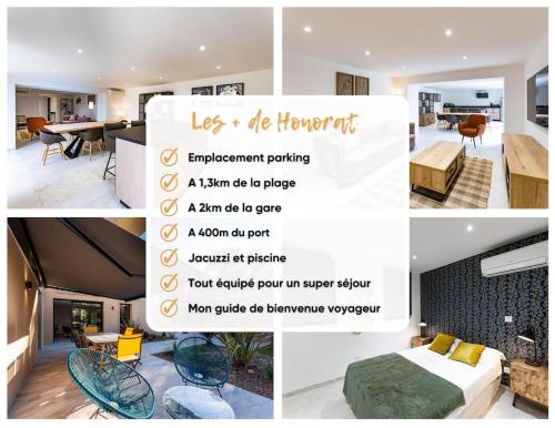 a collage of photos of a room with a bed and a sign at Appart HOTEL 3 Chambres - parking - clim in Saint-Raphaël