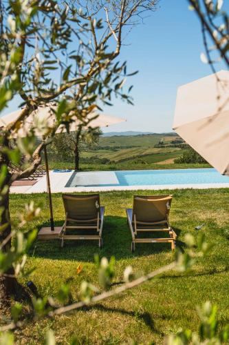 two chairs sitting in the grass next to a pool at Agriturismo Sole in Trequanda