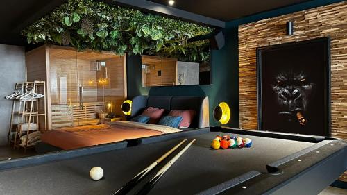 a bedroom with a pool table and a bed at Le Theux Toit - Escapade romantique et Wellness in Theux
