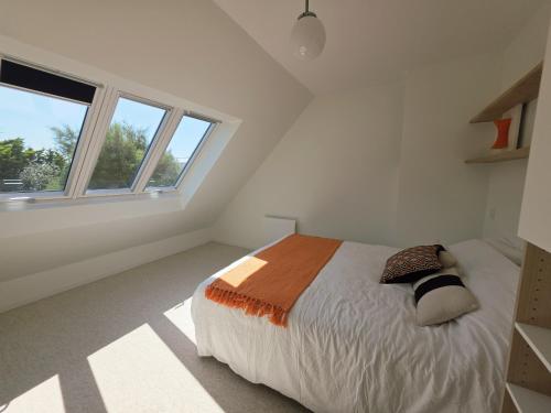una camera da letto con un letto e due finestre di charmante maison a 300 m de la plage et du GR 34 a Landéda