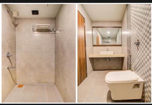 two pictures of a bathroom with a toilet and a sink at Arton By Hotel Avion Palace - Near International Airport in Mumbai