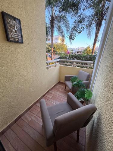 a balcony with chairs and palm trees in a building at Térreo, sem escadas, com WI-FI, a 15 minutos do centro in Brasilia