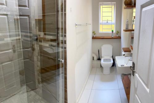 a bathroom with a shower and a toilet and a sink at Bay Ridge Luxury Apartment, Ballito in Ballito