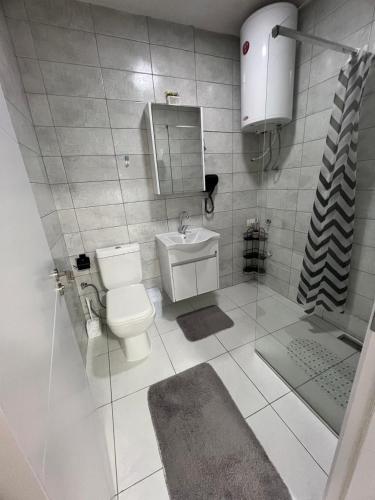 a bathroom with a toilet and a sink and a mirror at Shala Apartments in Prizren