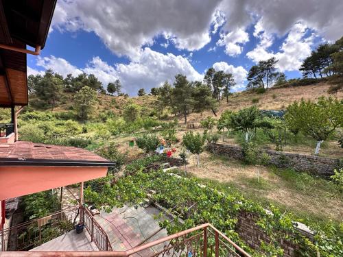a view of a garden from the balcony of a house at Zholi Guest House in Gjirokastër