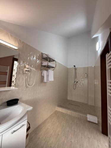 a bathroom with a shower and a sink at Vila Premiere Bistro-Spa in Piatra Neamţ