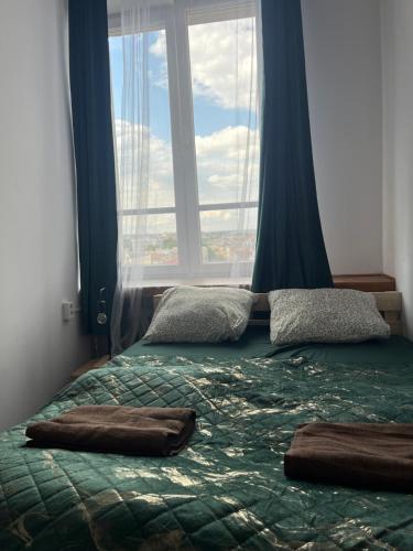 クラクフにあるTOM PRIVATE roomの窓の前に枕2つが付いたベッド