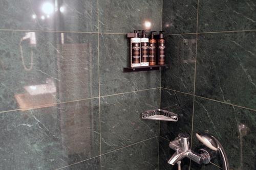 a bathroom with a shower with a faucet at Archontiko Leontari in Leondari