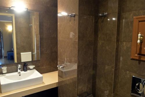 a bathroom with a sink and a shower with a mirror at Archontiko Leontari in Leondari