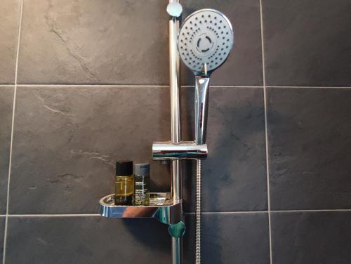 a bathroom sink with a shower head on a wall at TOP Ferienwohnung Rosanna - Adults only in Graz