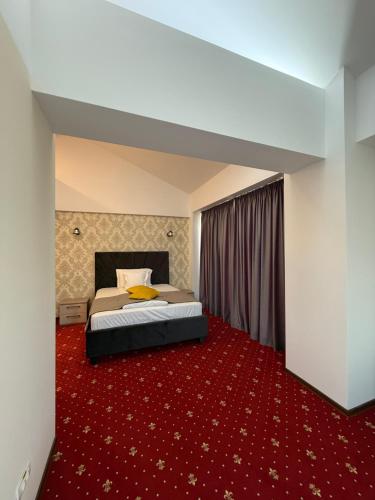 a bedroom with a bed with a red carpet at Vila Premiere Bistro-Spa in Piatra Neamţ