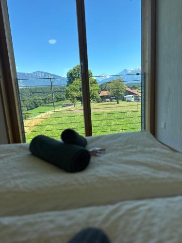 a bedroom with a bed with a view of a field at Panormamablick, NH Spiez, 10 min vom Thuner See in Reutigen