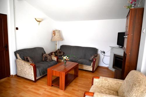 a living room with two couches and a dog on a table at Radawa domek in Radawa
