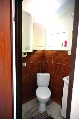 a small bathroom with a toilet and a sink at Radawa domek in Radawa