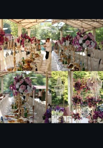a collage of photos of a table with flowers at machakhela Resorts in Sindietʼi