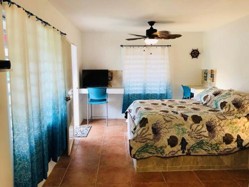 a bedroom with a bed and a ceiling fan at Peaceful Beach Studio in the Heart of Puntas in Rincon