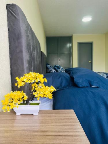 a bedroom with a blue bed with yellow flowers on a table at AShostEcuador, Quito, rooms & suits, Quito cerca parque La Carolina in Quito