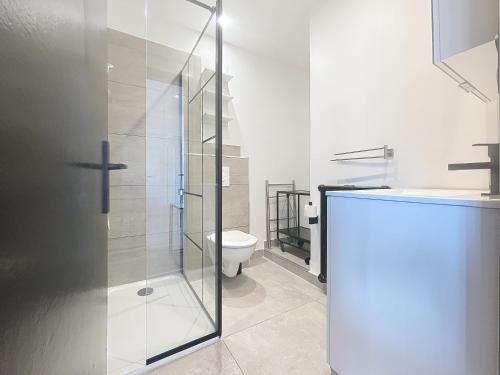 a bathroom with a glass shower and a toilet at Strasbourg Centre et Parlement in Strasbourg