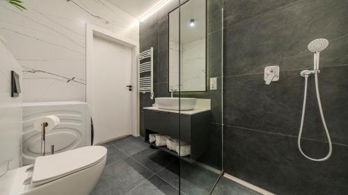 a bathroom with a shower and a toilet and a sink at Marand Loft in Zaczernie