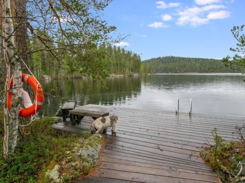 a dog standing on a dock next to a lake at Holiday Home Sarppala by Interhome in Putkijärvi