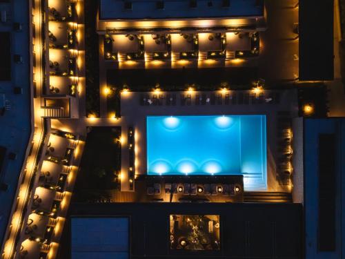 an aerial view of a building with a blue screen at Campoblù in Marina di Campo