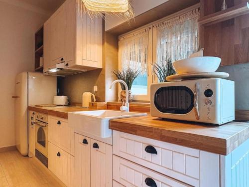 a kitchen with a microwave on top of a counter at Captain Cook AHOY in Praia da Areia Branca