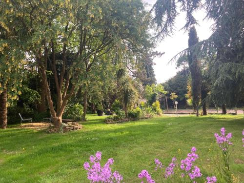 a park with trees and pink flowers in the grass at Appartement avec terrasse dans un parc privé in Bégard