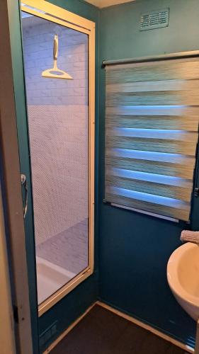 une salle de bain avec une douche en verre avec un lavabo dans l'établissement Mobil-home climatisé, calme, arboré, aux Mathes